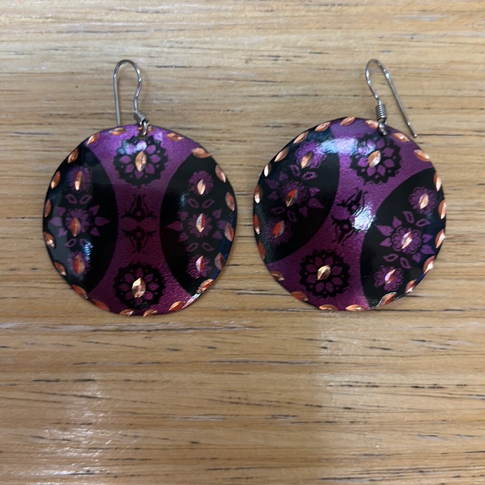 Purple copper accents enamel earrings round used tarnish on back